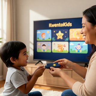 Nanay na inaabot ang KwentoKids USB sa anak habang nakabukas ang KwentoKids menu sa TV
